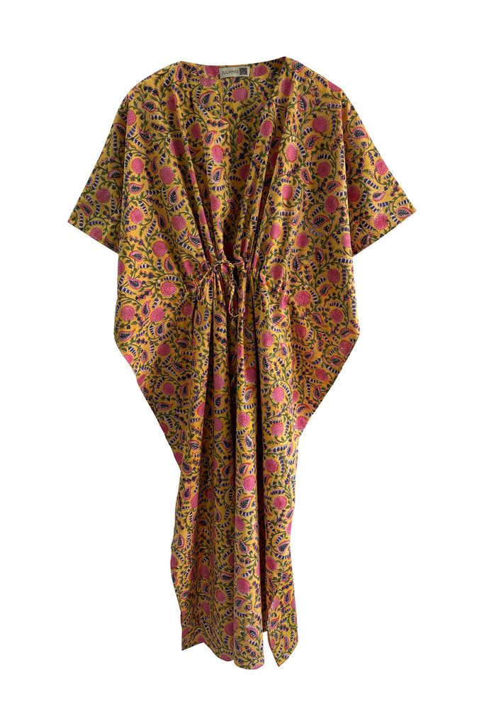 Long Cotton blockprinted kaftan with drawstring free size | JULAHAS