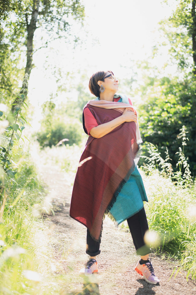 Aqua and Red Handwoven Cotton Cape | JULAHAS