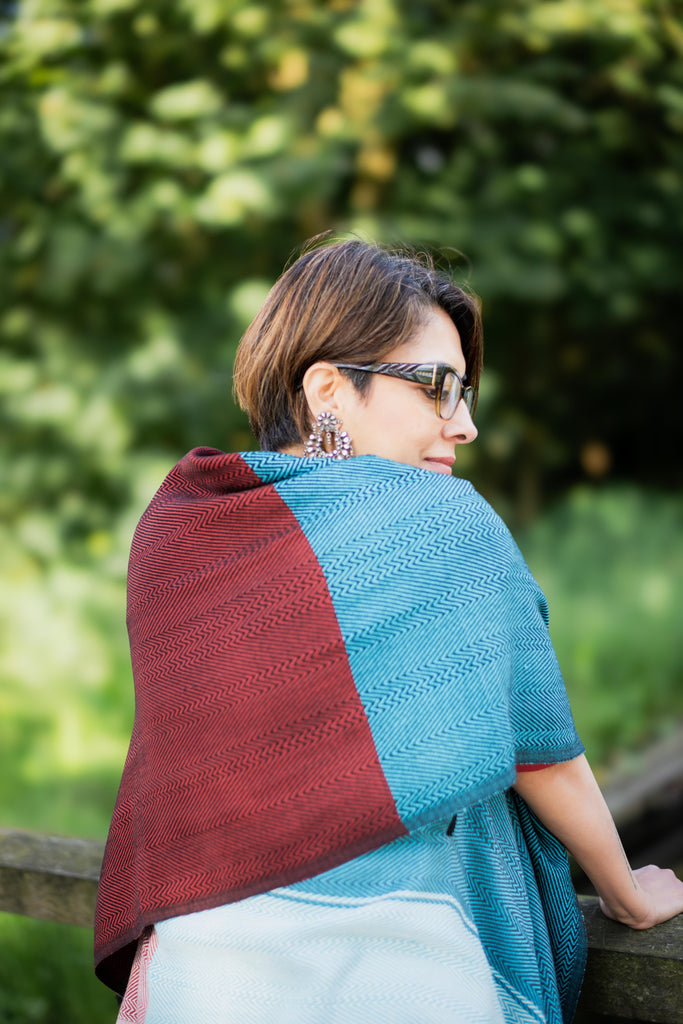 Aqua and Red Handwoven Cotton Cape | JULAHAS