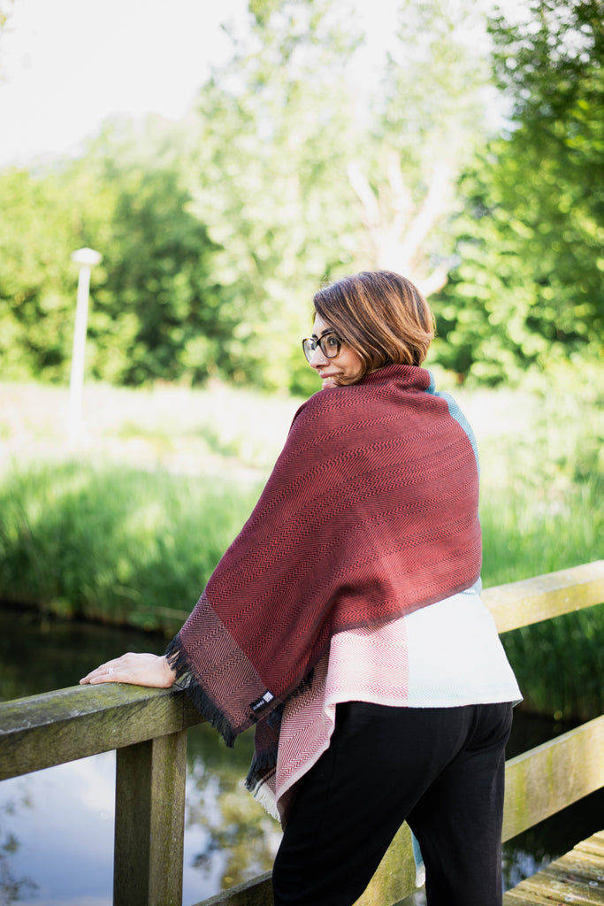 Aqua and Red Handwoven Cotton Cape | JULAHAS