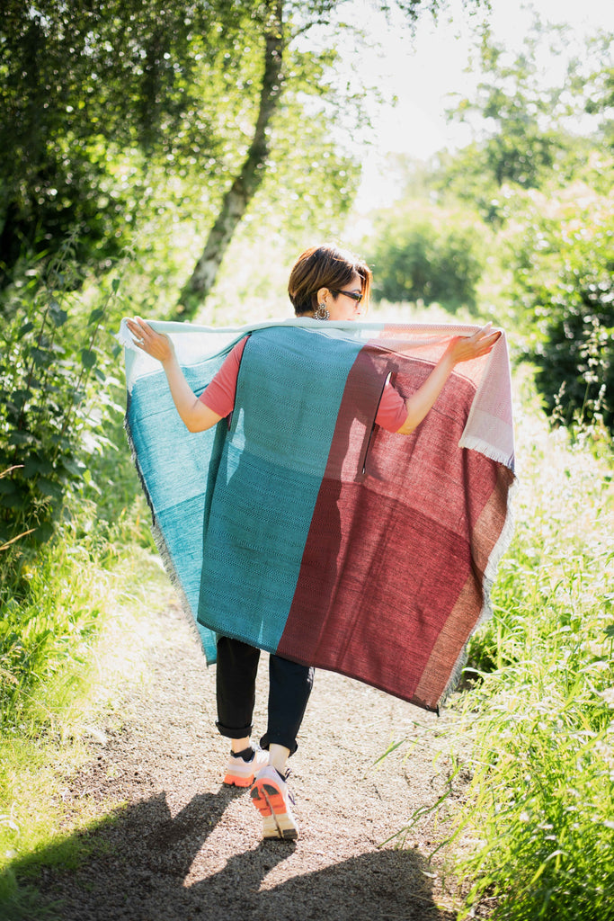 Aqua and Red Handwoven Cotton Cape | JULAHAS