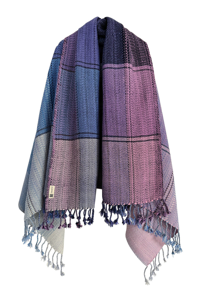 Pastel coloured plaid wool cape with tassles | JULAHAS