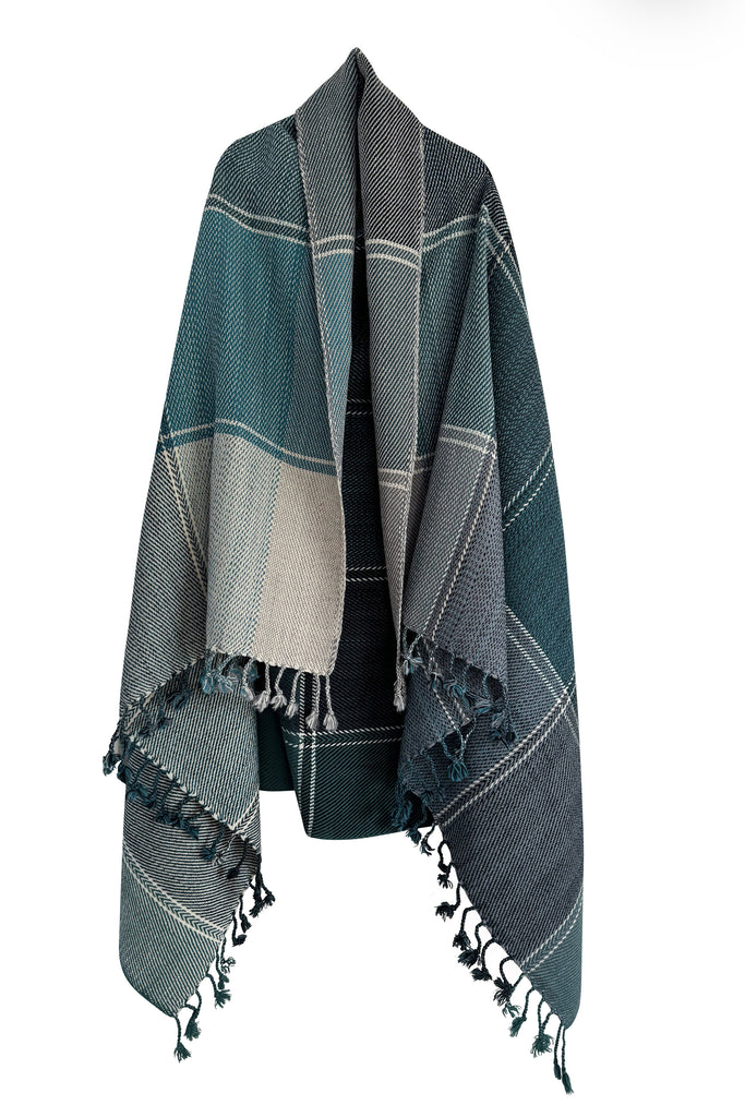 Plaid wool cape in shades of teal green | JULAHAS 