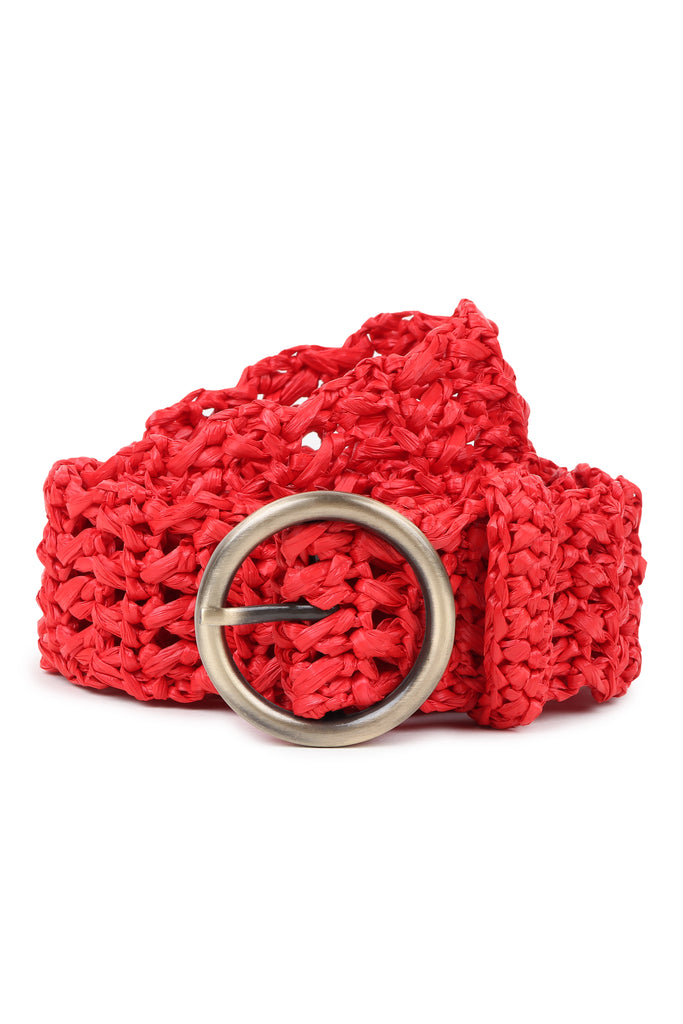 Coral red free size raffia belt | JULAHAS