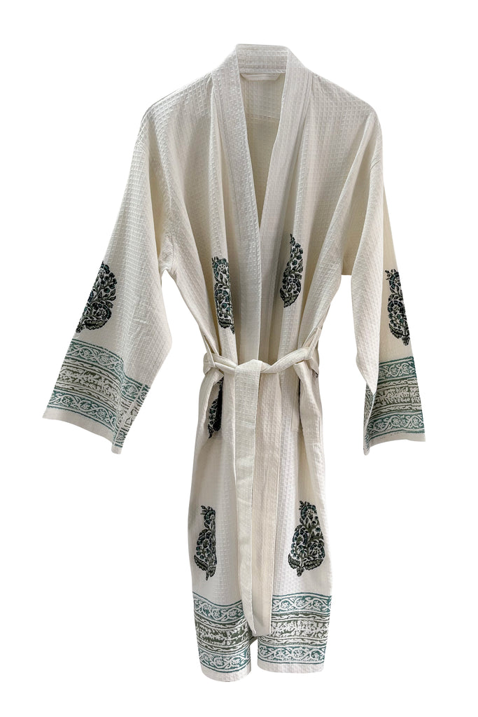 Cotton Waffle Blockprint Robe free size | JULAHAS