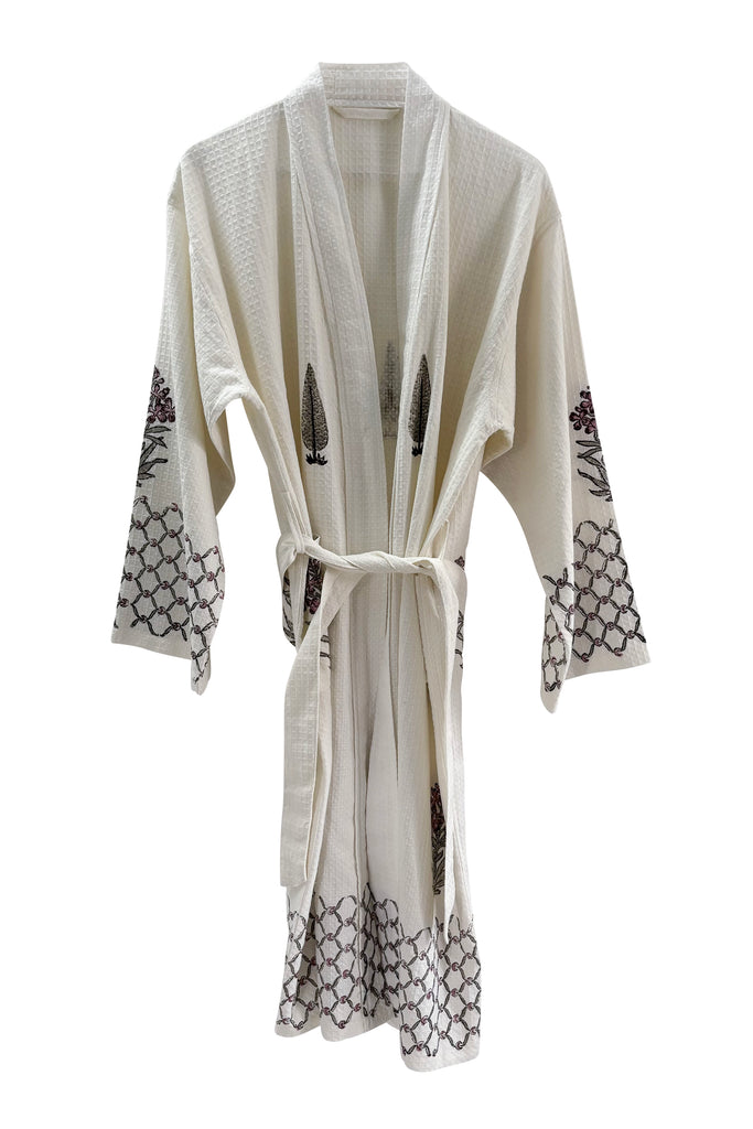 Cotton Waffle Blockprint Robe free size | JULAHAS